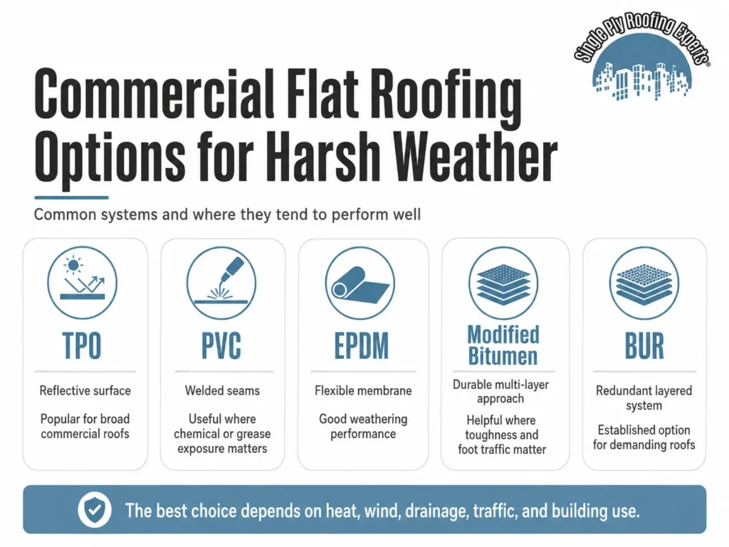 best commercial flat roofing solutions for harsh weather conditions