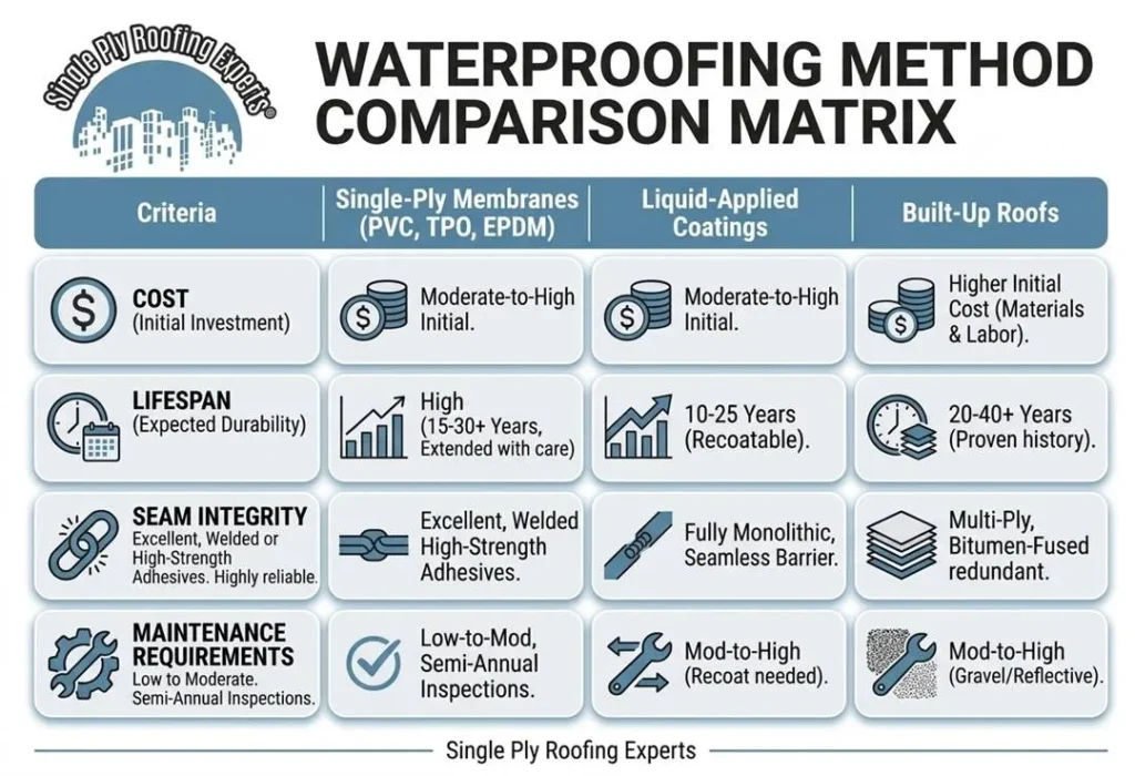 Commercial Waterproofing Method Comparison Matrix