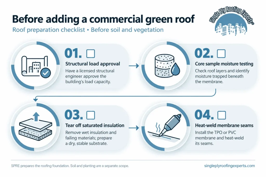 A step by step pre-installation preparation list for commercial green roof
